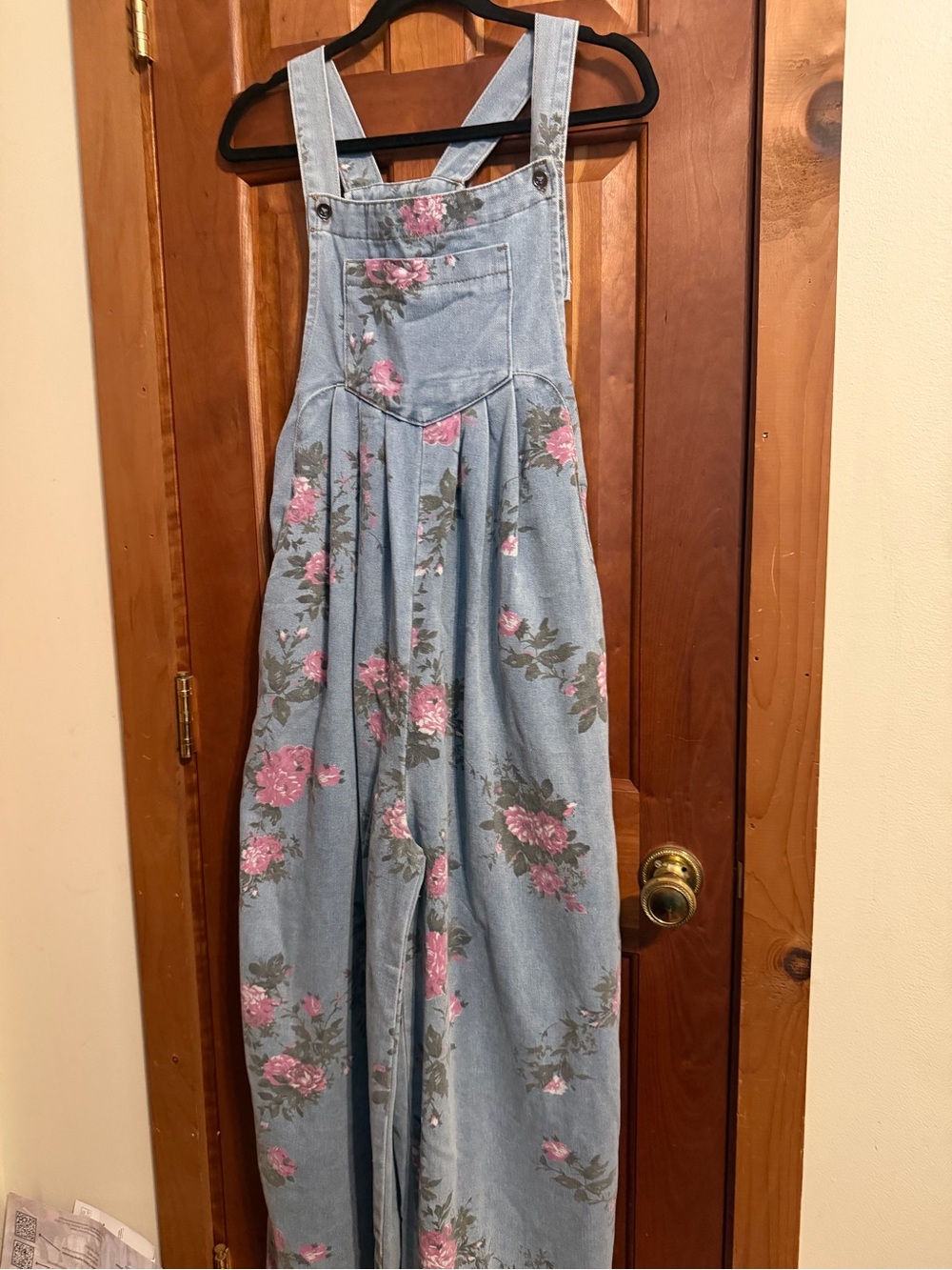 Women’s Floral Light Blue Denim Overalls with Pink Floral Pattern